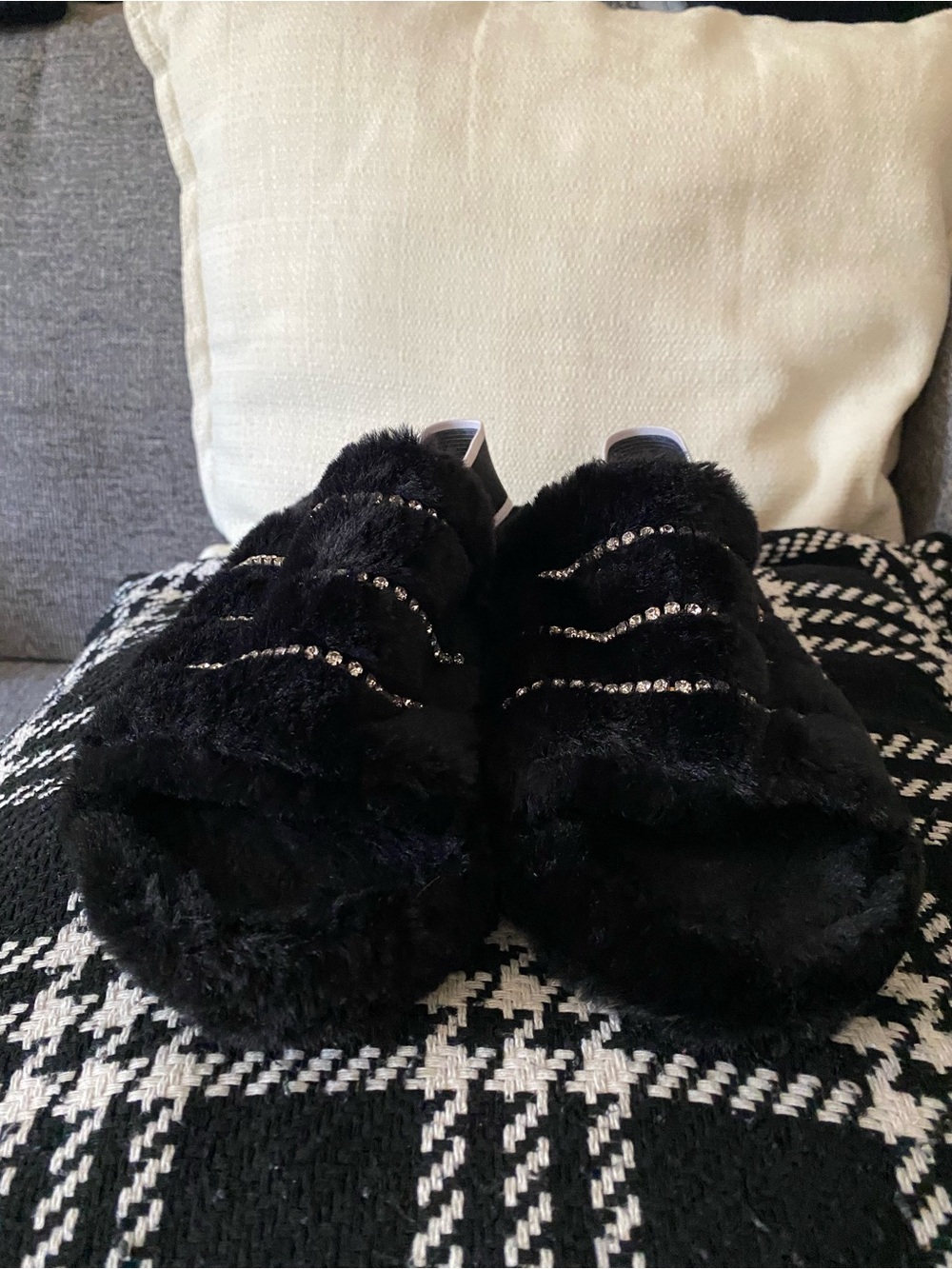 Plush Black Faux Fur Slip-On Slippers with Rhinestone Straps
